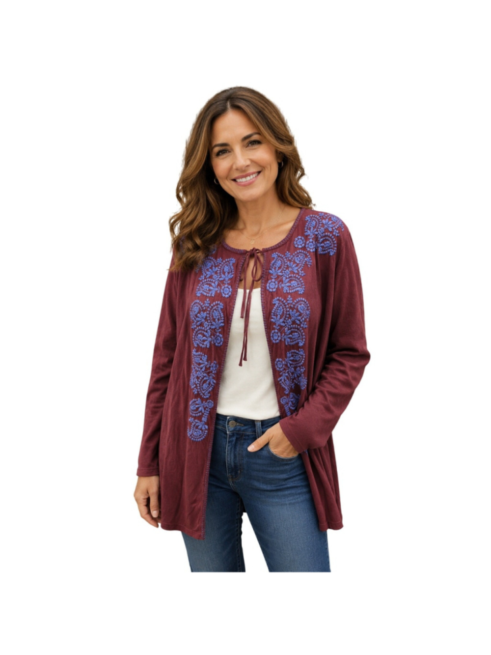 LOGO 1X open cardigan 1 tie front tunic long sleeve peasant embroidered pockets